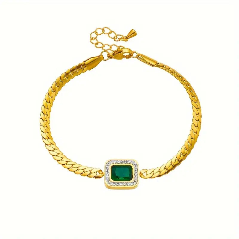 Pulseira dourada com cristal verde retangular - Liriel