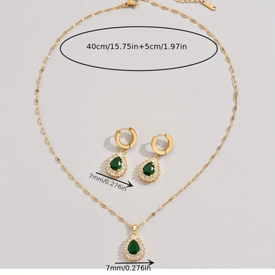 Conjunto de colar e brincos com pingente de gota e zircónias cúbicas verdes - Valenne