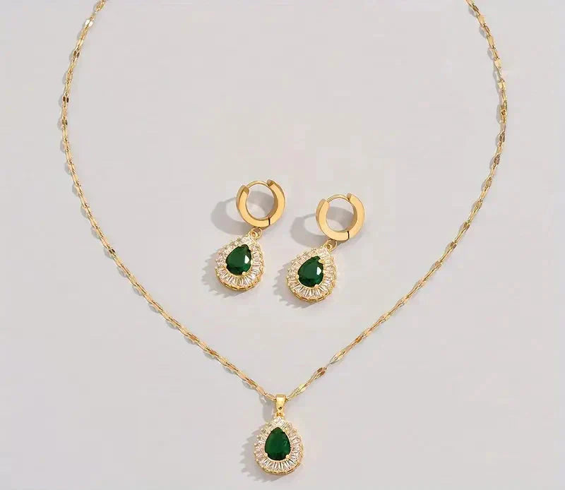 Conjunto de colar e brincos com pingente de gota e zircónias cúbicas verdes - Valenne