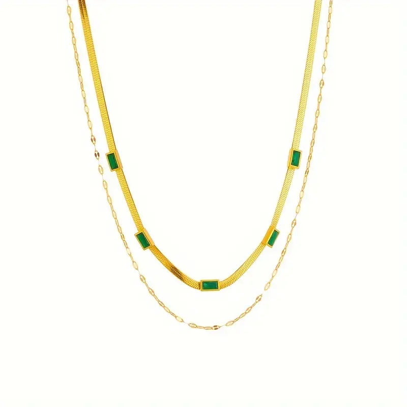Colar duplo banhado a ouro com rectângulos verdes - Narelle