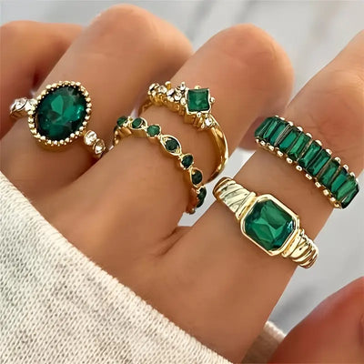 Conjunto de anéis de ouro com pedras de corte esmeralda - Jade