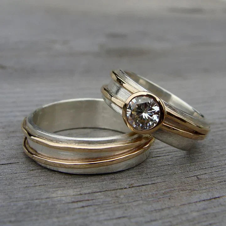 Anel vintage em ouro e prata com zircónias cúbicas