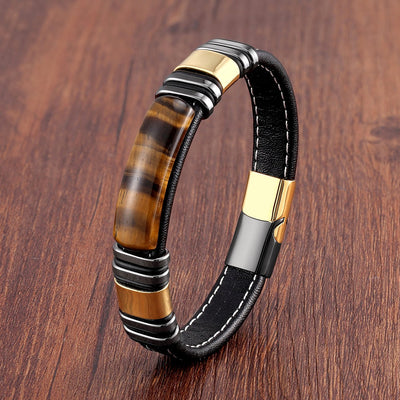 Pulseira de couro para homem com design magnético em aço inoxidável - Vulcan