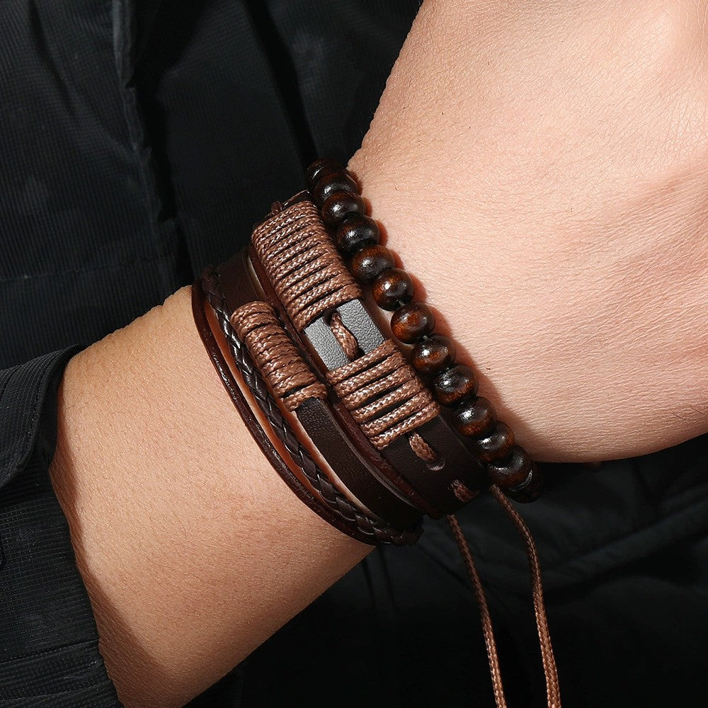 Pulseira de 3 peças em couro e corda encerada com design tribal para homem - Terrakai