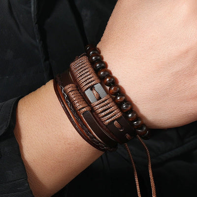 Pulseira de 3 peças em couro e corda encerada com design tribal para homem - Terrakai