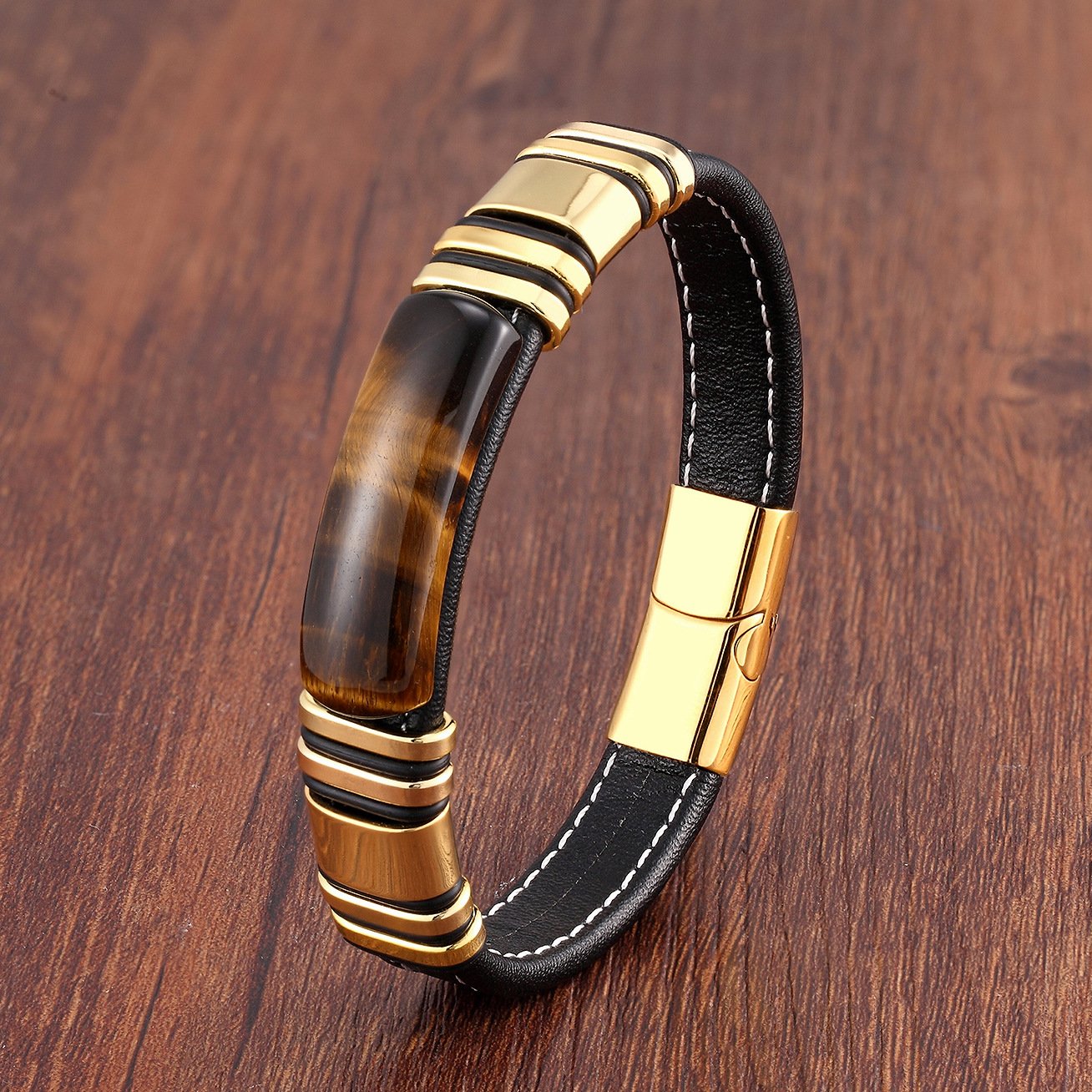 Pulseira de couro para homem com design magnético em aço inoxidável - Vulcan