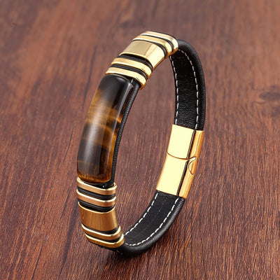 Pulseira de couro para homem com design magnético em aço inoxidável - Vulcan
