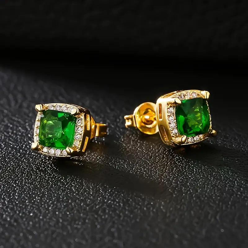 Brincos em ouro com pedra quadrada verde - Clarissa