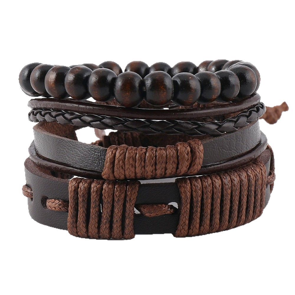 Pulseira de 3 peças em couro e corda encerada com design tribal para homem - Terrakai