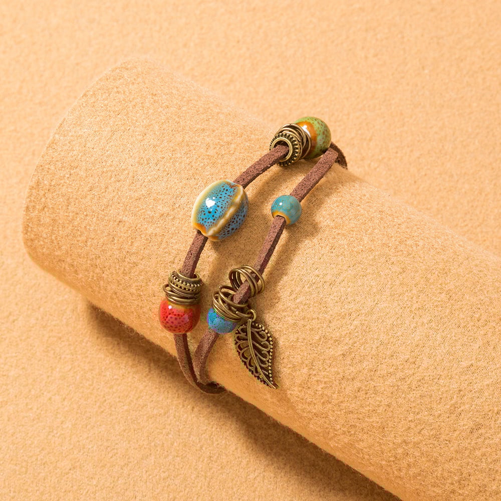 Pulseira boémia em pele com contas de cerâmica - Lantana