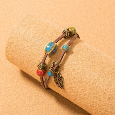 Pulseira boémia em pele com contas de cerâmica - Lantana