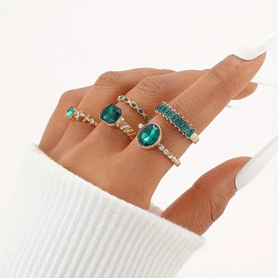 Conjunto de anéis de ouro com pedras de corte esmeralda - Jade