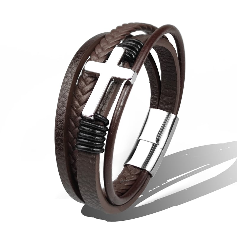 Pulseira para homem em pele tecida com cruz em aço inoxidável - Sentinel