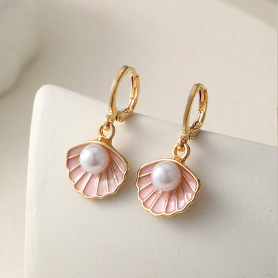 Brincos de senhora com pérolas douradas e concha rosa - Elise