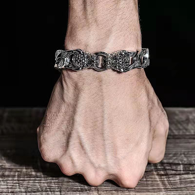Pulseira masculina com cabeça de leopardo e design tribal metálico - Hekkan