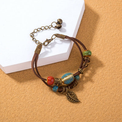 Pulseira boémia em pele com contas de cerâmica - Lantana