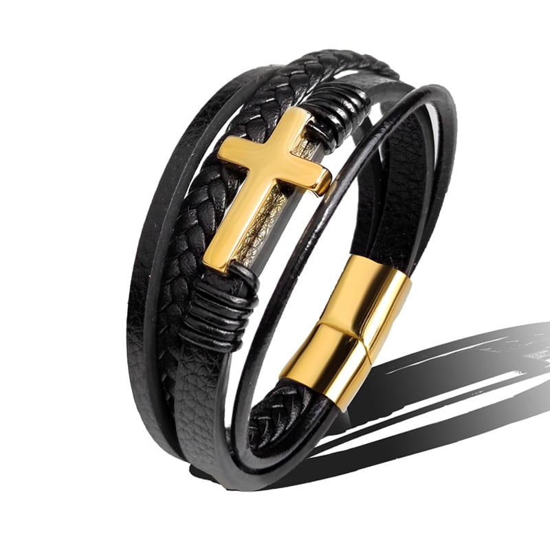 Pulseira para homem em pele tecida com cruz em aço inoxidável - Sentinel