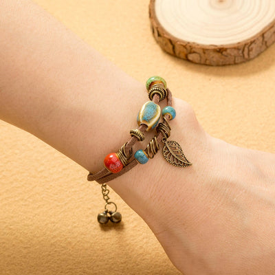 Pulseira boémia em pele com contas de cerâmica - Lantana