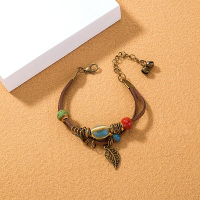 Pulseira boémia em pele com contas de cerâmica - Lantana