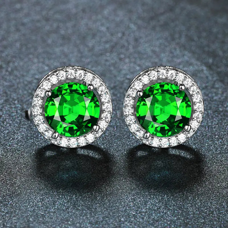 Brincos com pedra redonda verde e zircónias cúbicas - Roxo