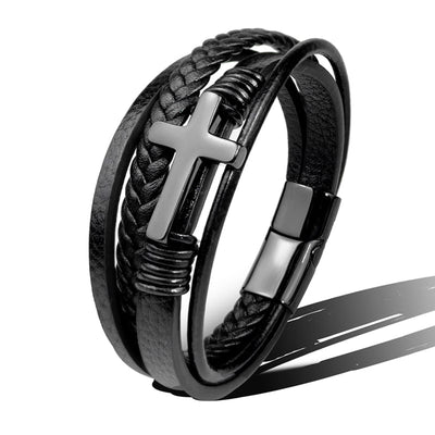 Pulseira para homem em pele tecida com cruz em aço inoxidável - Sentinel