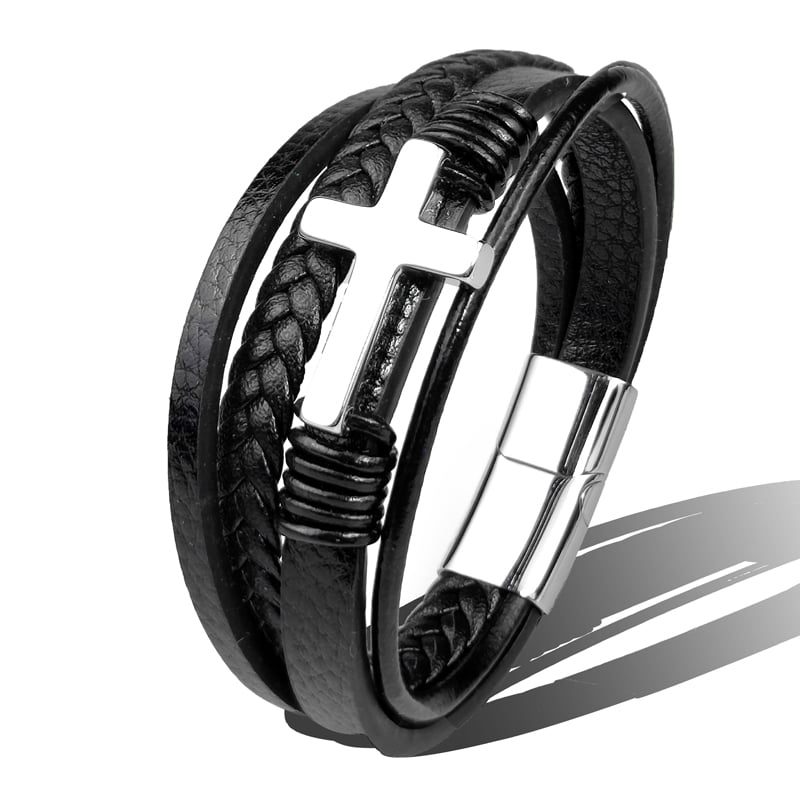 Pulseira para homem em pele tecida com cruz em aço inoxidável - Sentinel