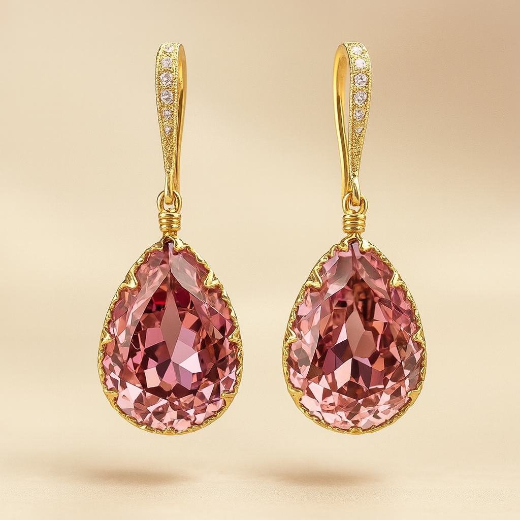 Brincos banhados a ouro com gota de cristal rosa - Lina