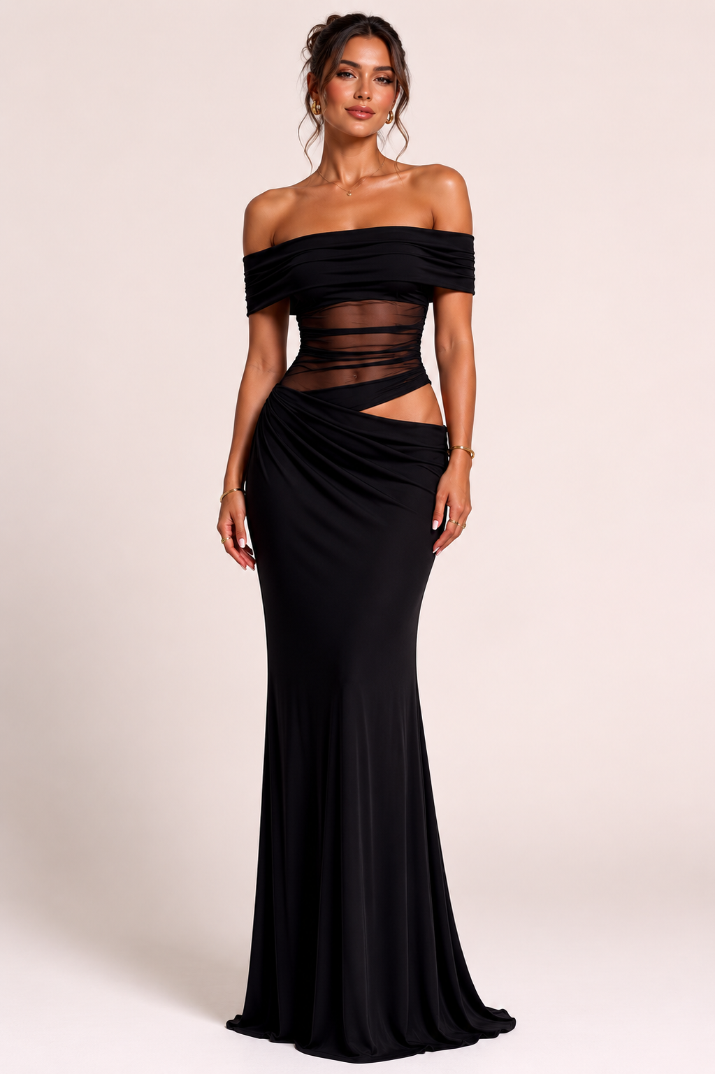 Langes Kleid für Frauen Hochzeitsgäste elegant off-the-shoulder Kleid mit Rüschen - Nadine