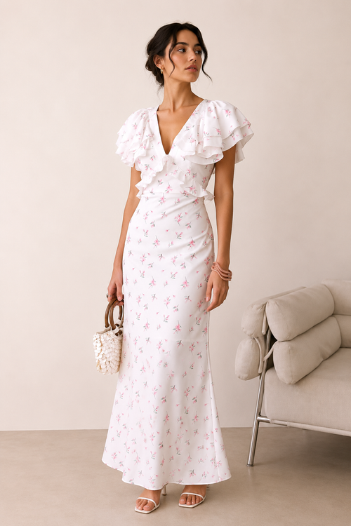 Damen Midikleid mit Blumendruck Rüsche elegant lässig - Hedda