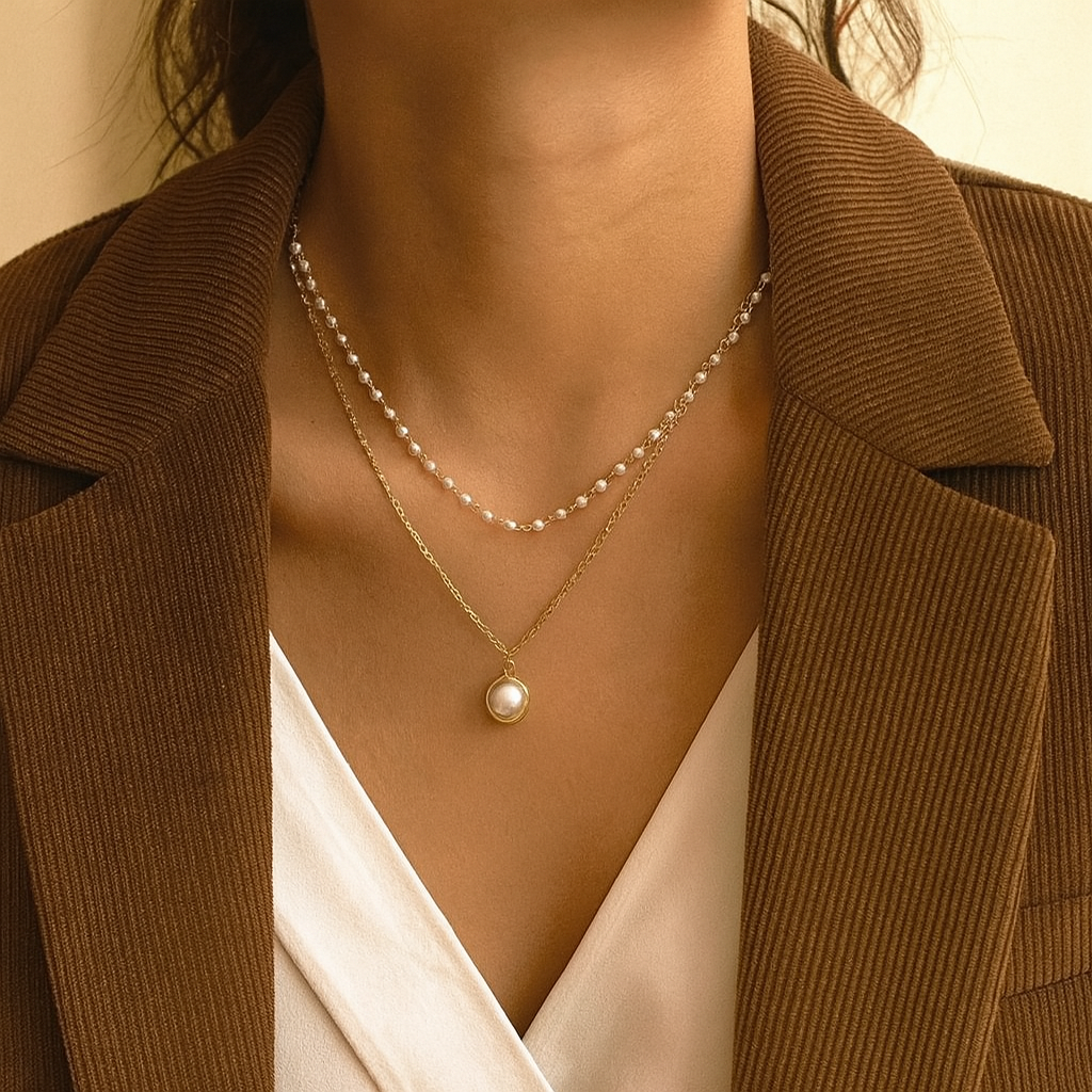 Colar de pérolas elegante de dois fios para senhora - Amelie