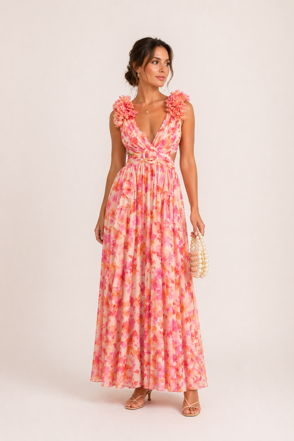 Chiffon-Maxikleid V-Ausschnitt Blumenprint 3D-Blüten Cut-Out Festlich