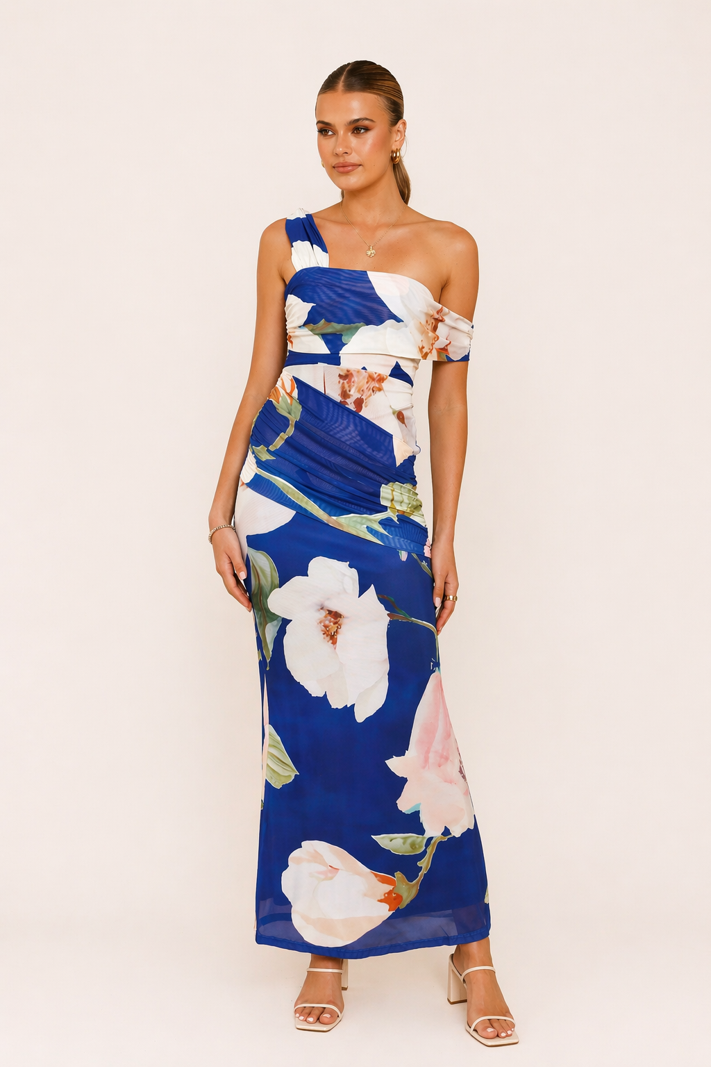 Mesh-Maxikleid One-Shoulder Off-Shoulder Blumenprint Körperbetont Festlich