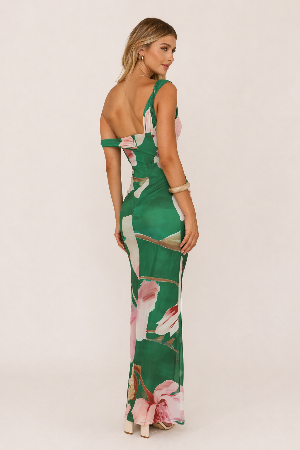 Mesh-Maxikleid One-Shoulder Off-Shoulder Blumenprint Körperbetont Festlich