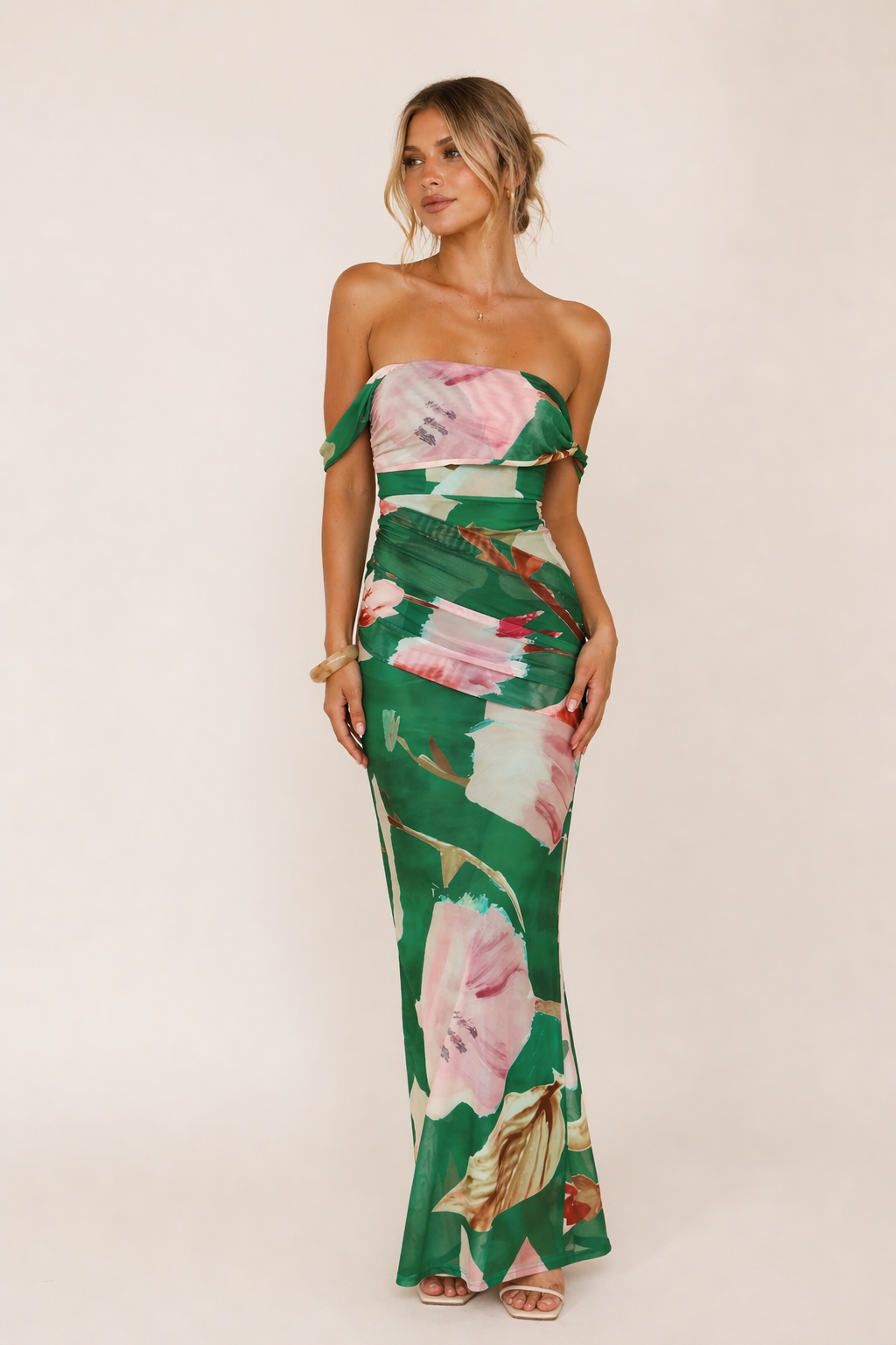 Mesh-Maxikleid One-Shoulder Off-Shoulder Blumenprint Körperbetont Festlich