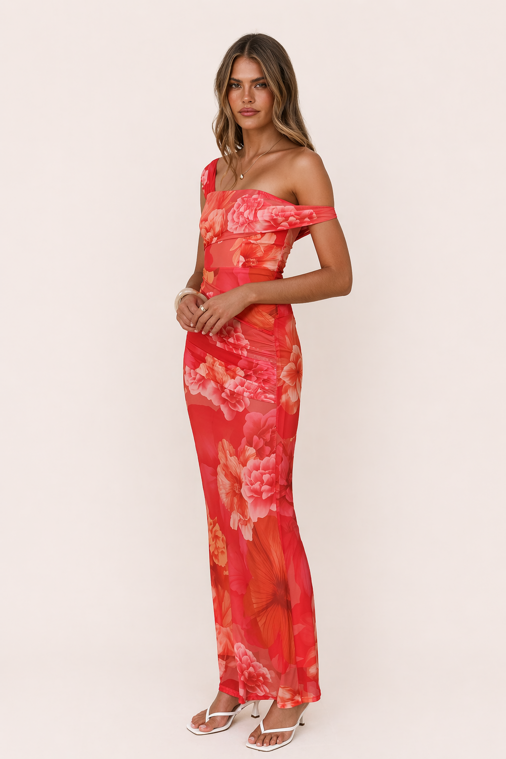 Mesh-Maxikleid One-Shoulder Off-Shoulder Blumenprint Körperbetont Festlich