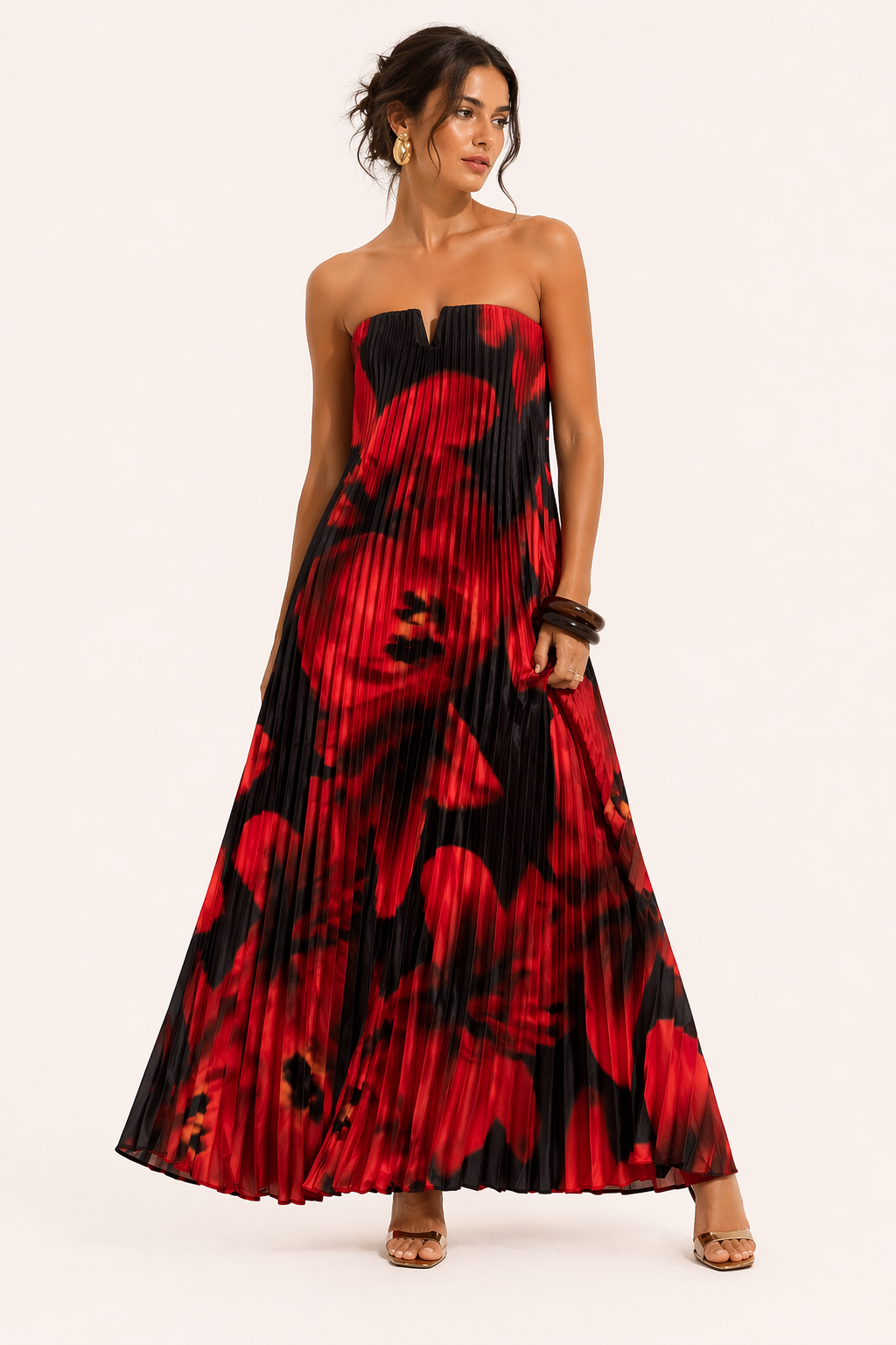 Plissee-Maxikleid Trägerlos mit Blumenprint A-Linie Festlich