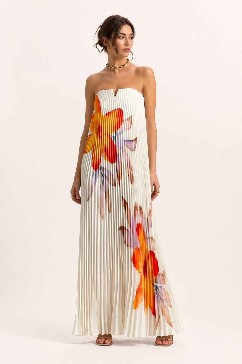 Plissee-Maxikleid Trägerlos mit Blumenprint A-Linie Festlich