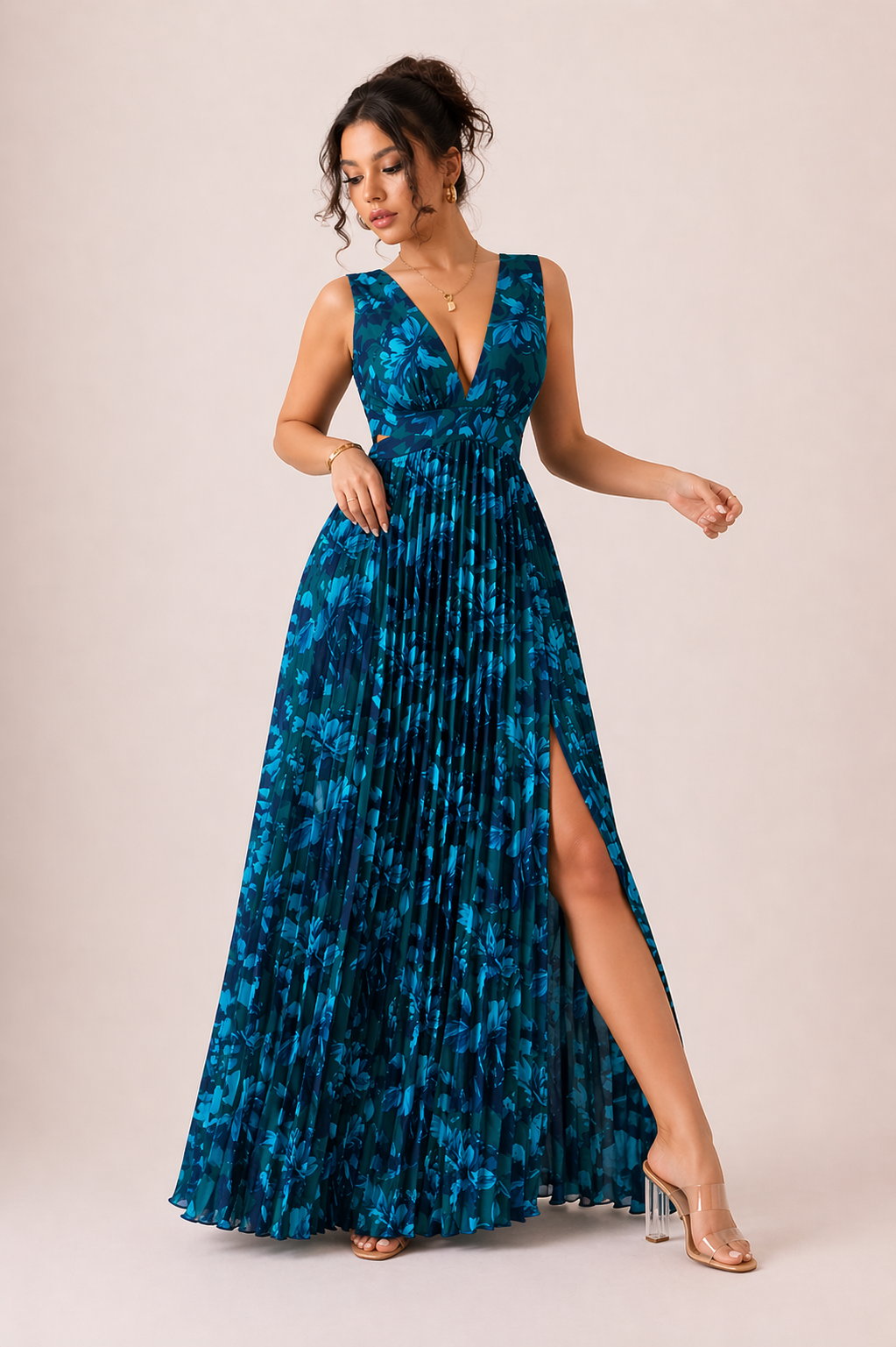 Plissee-Maxikleid V-Ausschnitt Blumenprint Cut-Out Beinschlitz Festlich
