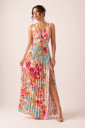 Plissee-Maxikleid V-Ausschnitt Blumenprint Cut-Out Beinschlitz Festlich