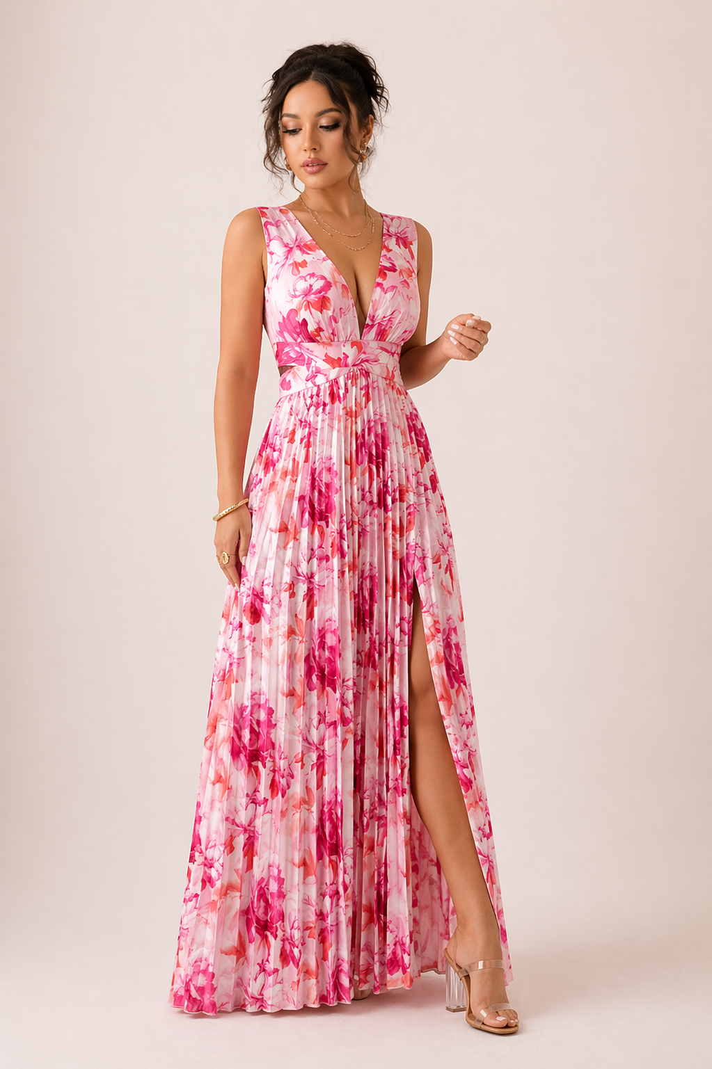 Plissee-Maxikleid V-Ausschnitt Blumenprint Cut-Out Beinschlitz Festlich