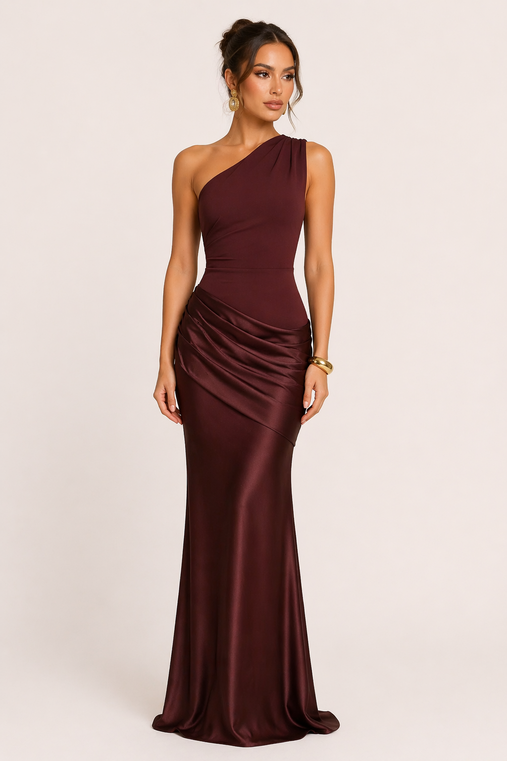 Satin-Abendkleid One-Shoulder mit Drapierung Maxi Festlich