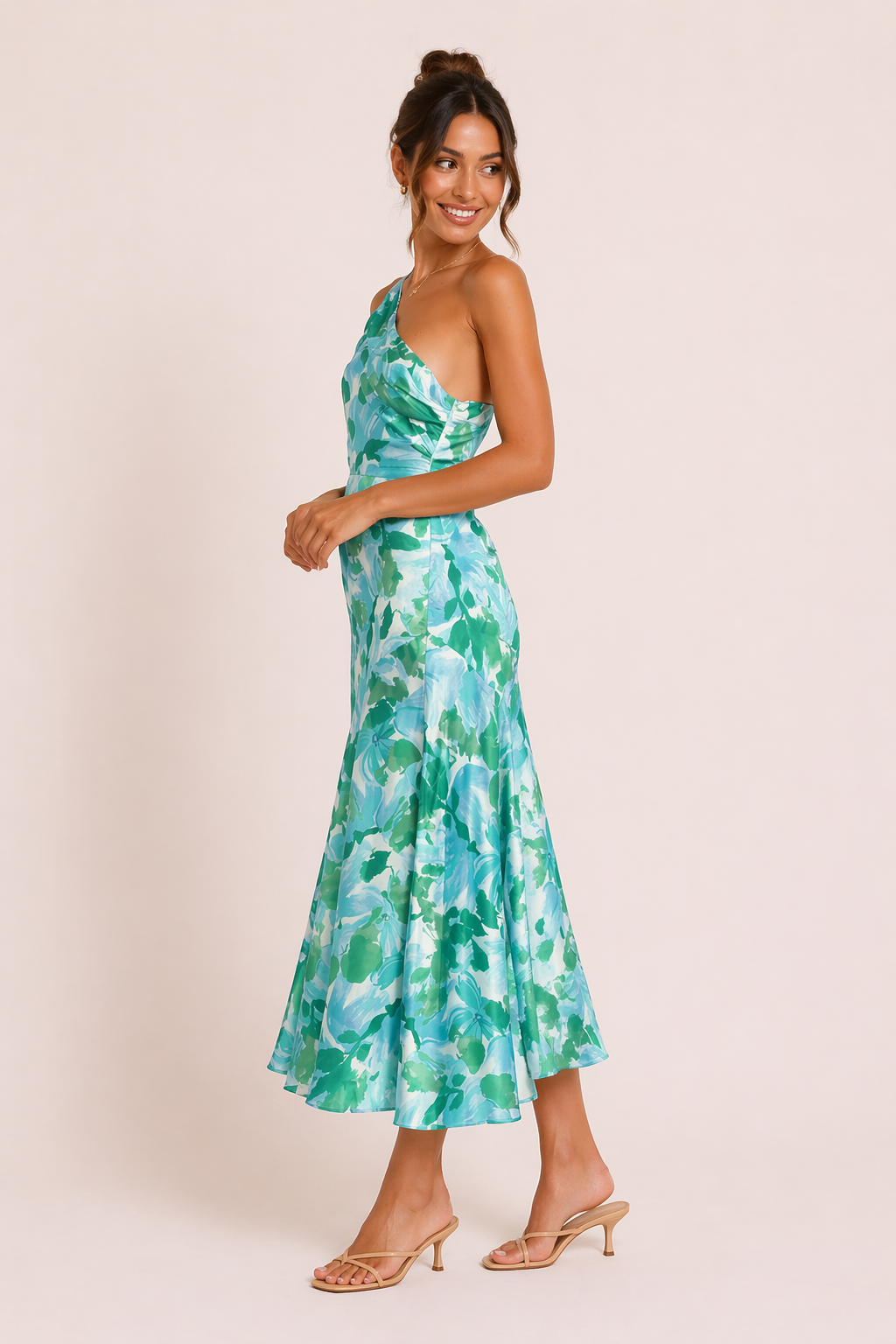 Satin-Midi-Kleid One-Shoulder Blumenprint A-Linie Ausgestellter Saum Festlich