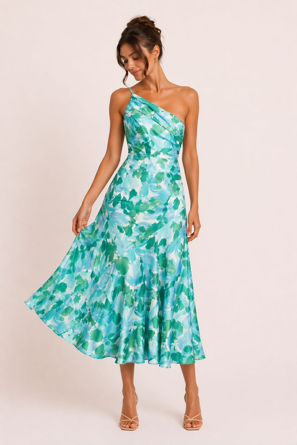 Satin-Midi-Kleid One-Shoulder Blumenprint A-Linie Ausgestellter Saum Festlich
