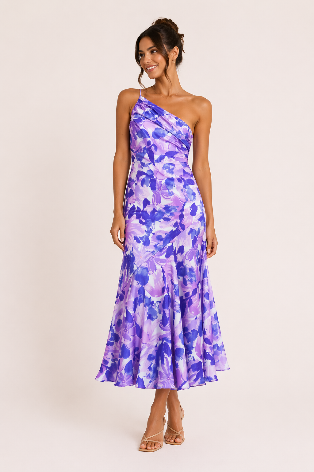 Satin-Midi-Kleid One-Shoulder Blumenprint A-Linie Ausgestellter Saum Festlich