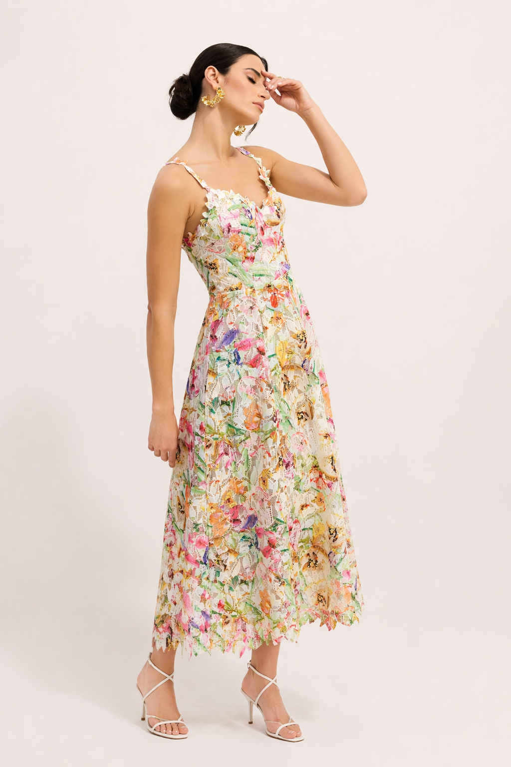 Spitzen-Midi-Kleid mit Blumenprint A-Linie Träger Rückenausschnitt
