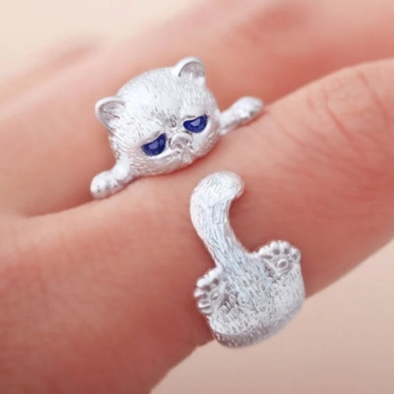 Anel de prata ajustável para mulher com gato Funny Style - Minou