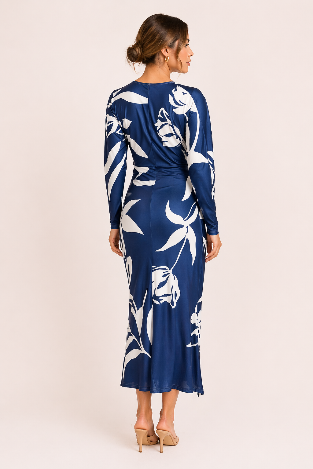 Midikleid für Damen V-Ausschnitt Langarm Figurbetont Schlitz Elegant