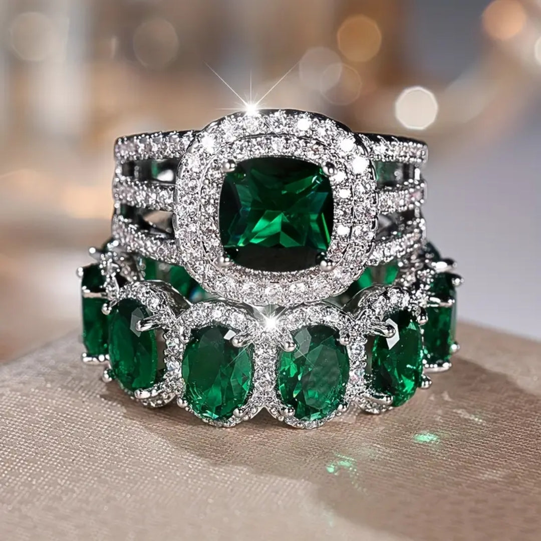 Conjunto Anello Cristalino Prateado Verde - Anya