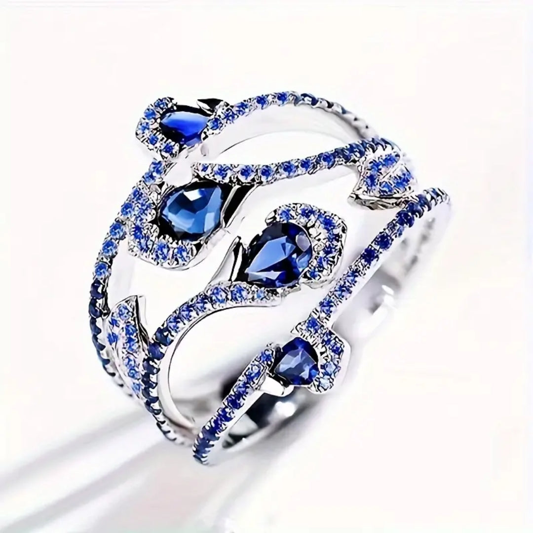 Anel irregular azul cristalino prateado - Alina
