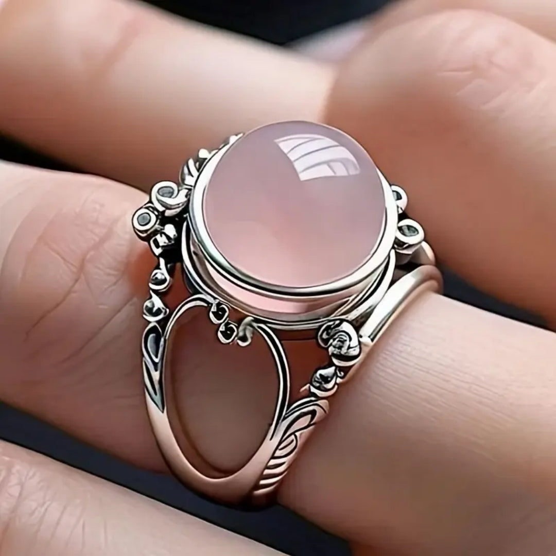 Anel Anello com pedra arredondada rosa prateada - Aria